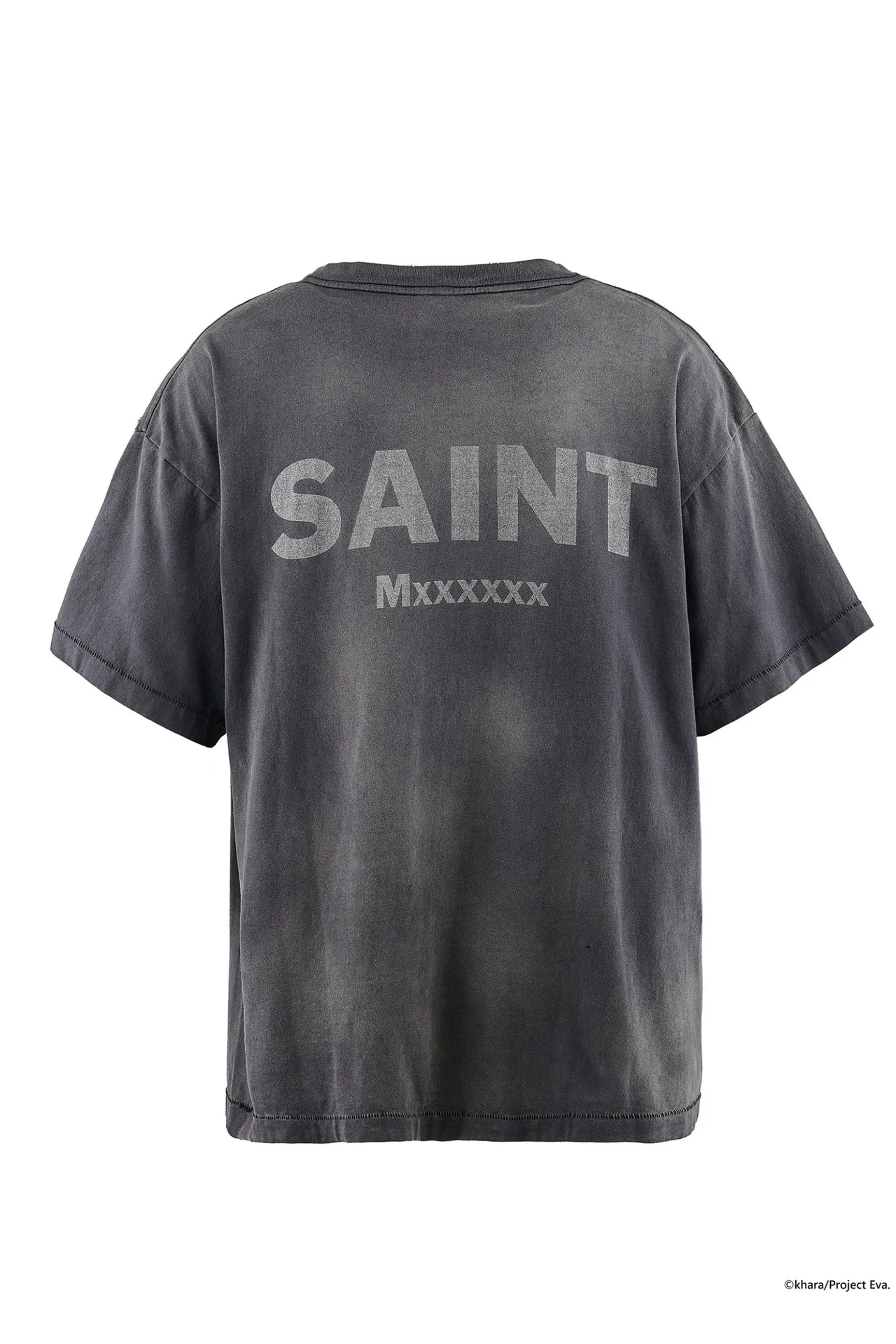 SAINT Mxxxxxx × EVANGELION NEON GNSIS TEE/BLK co-branded Neon Genesis Evangelion distressed short-sleeves, washed black S-XL, vintage NEW VINTAGE, top printing technology, garment dyeing, re-washed, distressed, correct co-branded main mark/washing mark
